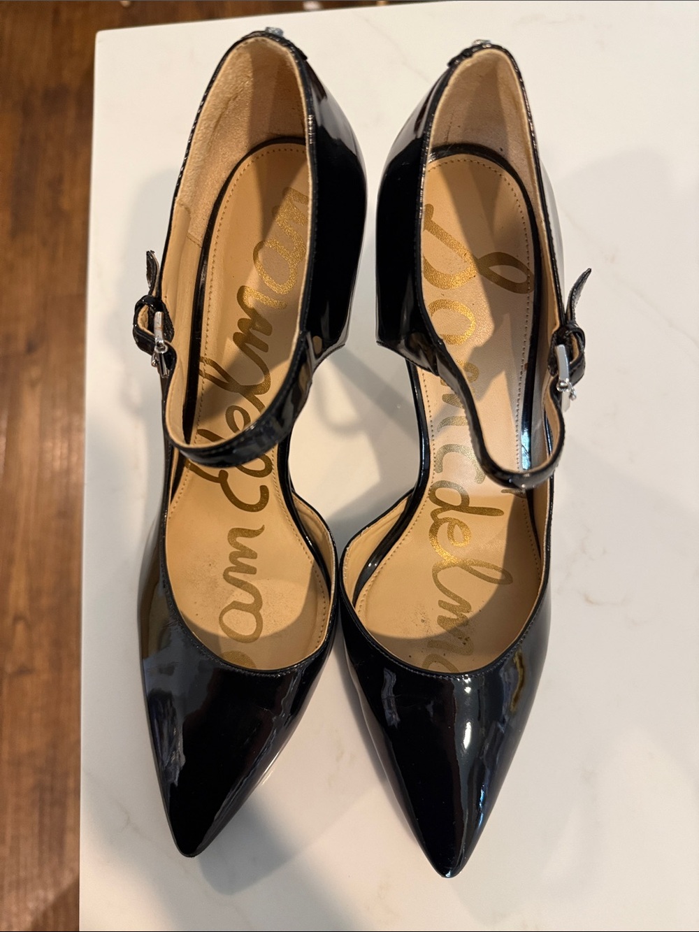Sam Edelman Black Patent Mary Jane Pointed Pumps with Strap